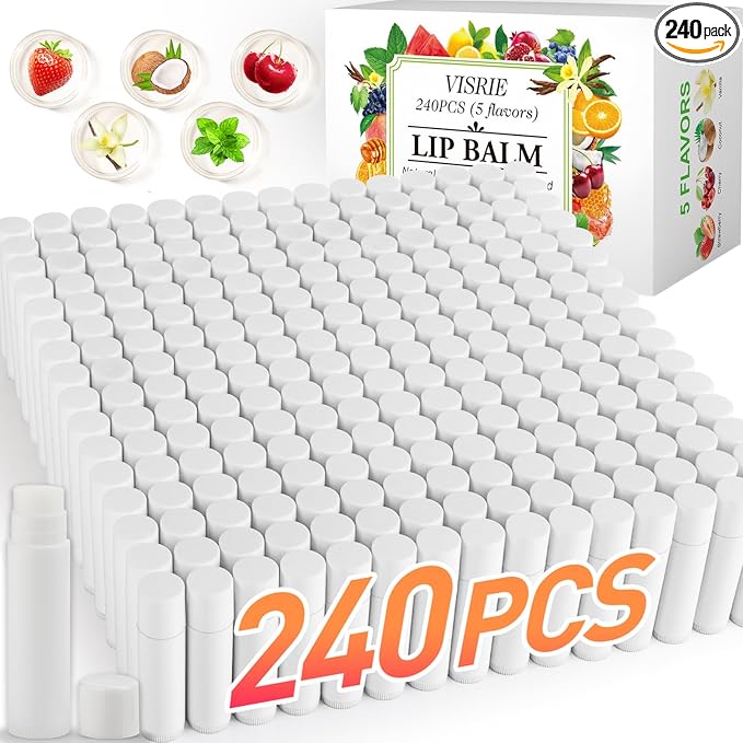 VISRIE 240 Pack Lip Balm Unlabeled, Natural Lip Balm Bulk Blank Tube, Personalized Lip Balms for Party Favors Adults and Bridal Shower Favors or Baby Shower Gifts-5 Flavors