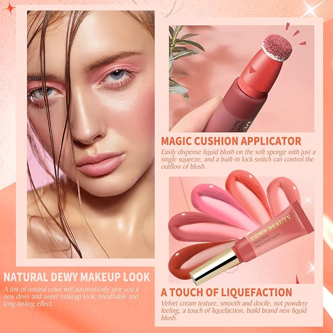 Liquid Blush Makeup Wand, Cream Blush Stick with Cushion Applicator For Cheeks Tint, Natural-looking, Glow Dewy Finish, Weightless Blendable Liquid Rubor | #103 EBULLIENT-Cool Pink