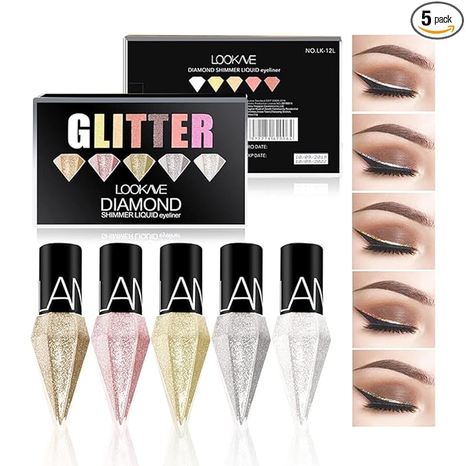 Glitter Liquid Eyeliner Colorful Set, 5 Colors Metallic Shimmer White Silver Gold Rose Eyeliner Waterproof Long Lasting Sparkle Glitter Liquid Eyeshadow Dazzling Mother's Day Eye Makeup for Women