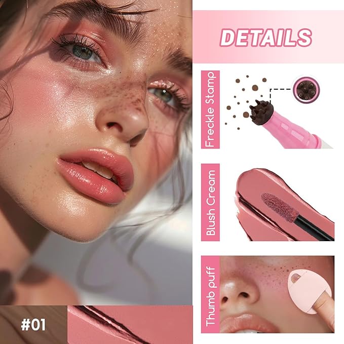 2-in-1 Freckle Pen & Liquid Blush，Waterproof Fake Faux Freckle Stamp, Henna Face Tattoo Stain, Natural Sunkissed Makeup Kit with Dual Shades (#01 Soft Pink, M)