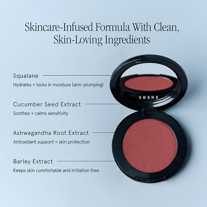 SOSHE Beauty - Blurring Pillow Blush | Featherlight, Cushiony, Cream to Powder Formula | Squalane, Cucumber Seed Extract, Ashwagandha Root | Vegan, Clean, Cruelty-Free (Speakeasy, Dusty Mauve)