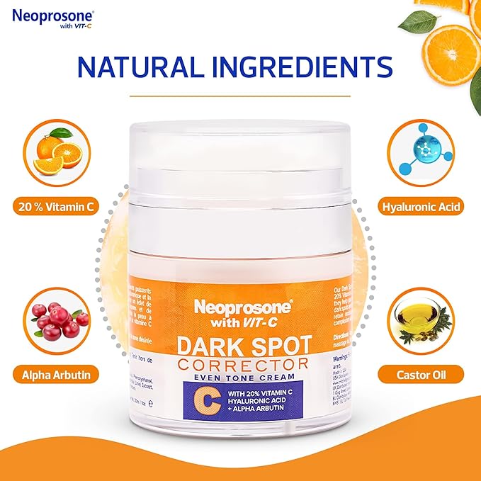 NEOPROSONE 20% Vitamin C Dark Spot Corrector Cream - 1 Fl oz / 30ml - Skin Brightening Gel Cream - with Hyaluronic Acid, Vitamin E