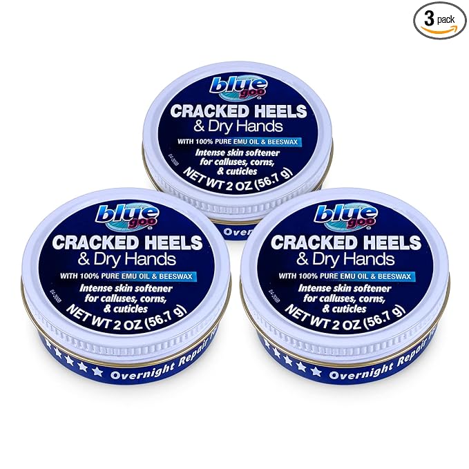 Blue Goo Cracked Heels & Dry Hands Skin Protectant, Helps Relieve & Protect Cracked Skin, OTC Lanolin Formula, 2 oz (3 Pack), Made with Emu Oil & Beeswax