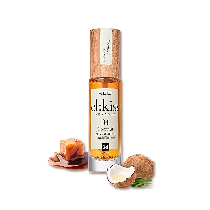 EL:KISS Hair Perfume & Body Mist, Coconut & Caramel Eau de Toilette 30mL (1.01 Fl Oz), Hydrating & Long-Lasting, Alcohol-Free & Mineral Oil-Free, Infused with Jojoba, Argan Oil & Aloe Vera