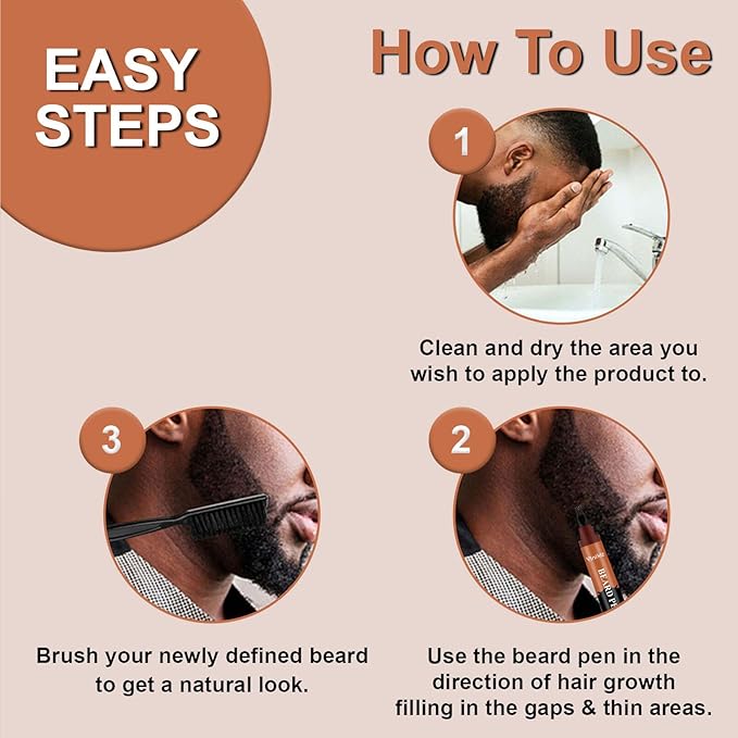 Black Beard Pencil Filler for Men - 2 PCS Beard Pen, 4-fork Tip Beard Styling Pen - Beard, Moustache & Eyebrows, Long Lasting Coverage Natural Finish, Waterproof Beard Pencil Kit for Father Male Gift