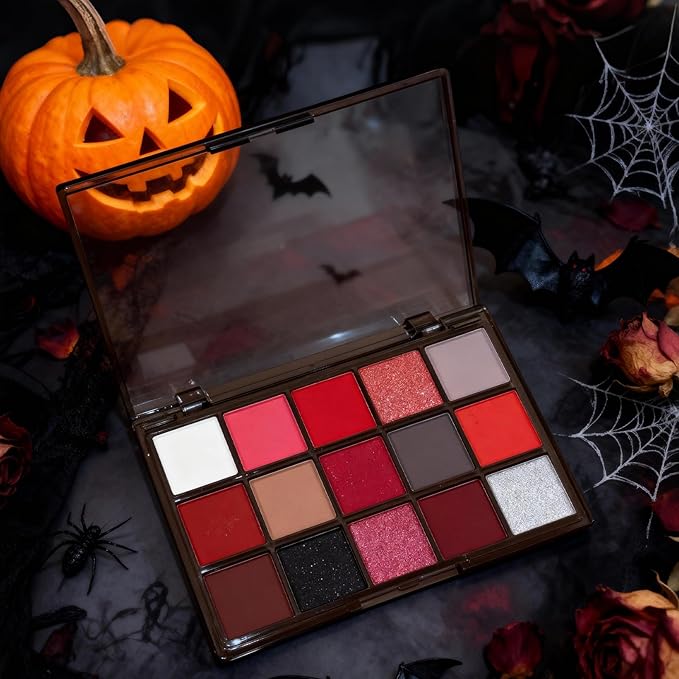 Erinde Red Eyeshadow Palette, 15 Colors Burgundy Gray Silver Eye Shadow Pallet, Matte, Shimmer, Glitter & Metallic, Highly Pigmented Blendable Makeup Kit for Halloween Costume, Cosplay & Party Looks
