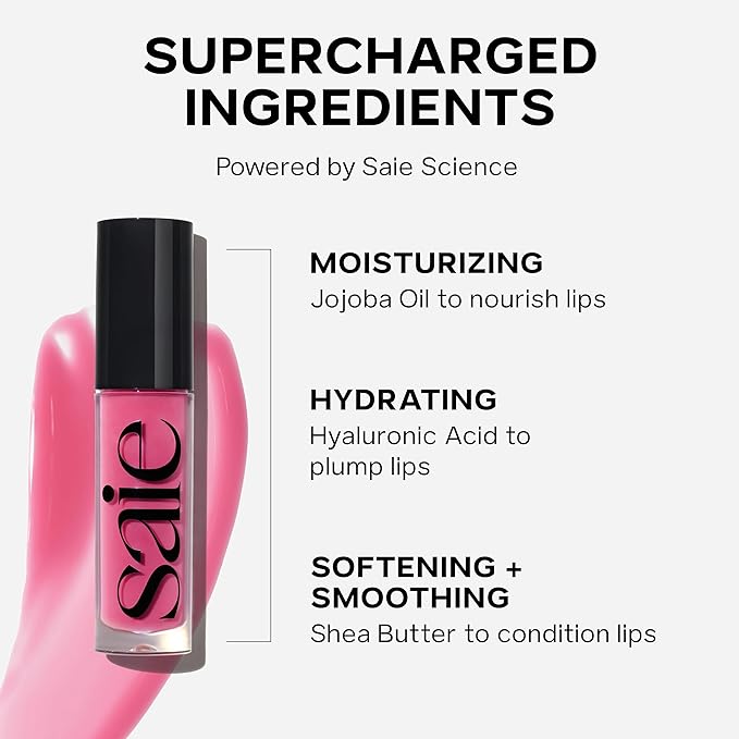 Saie Glossybounce - Hydrating Lip Gloss and Tinted Lip Oil Hybrid with Hyaluronic Acid & Jojoba Oil for Non-Sticky, Ultra-Shiny, Plump & Soft Lips - Everyday Makeup Essential - Push (.17 oz)