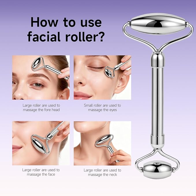 Stainless Steel Face Roller & Gua Sha Set Cooling Facial Massage Tools for Face, Neck & Eyes, Smooth Skincare Routine, Durable Metal Beauty Tools for Daily Self-Care