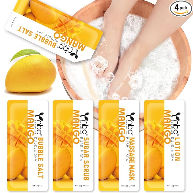 Pedicure Kit Foot Soak Set: Bubble Salt, Sugar Scrub, Massage Mask, Massage Lotion in a Box, 4 Step Foot Spa Kit for Dry Feet,Tired Feet （1 Set Mango)