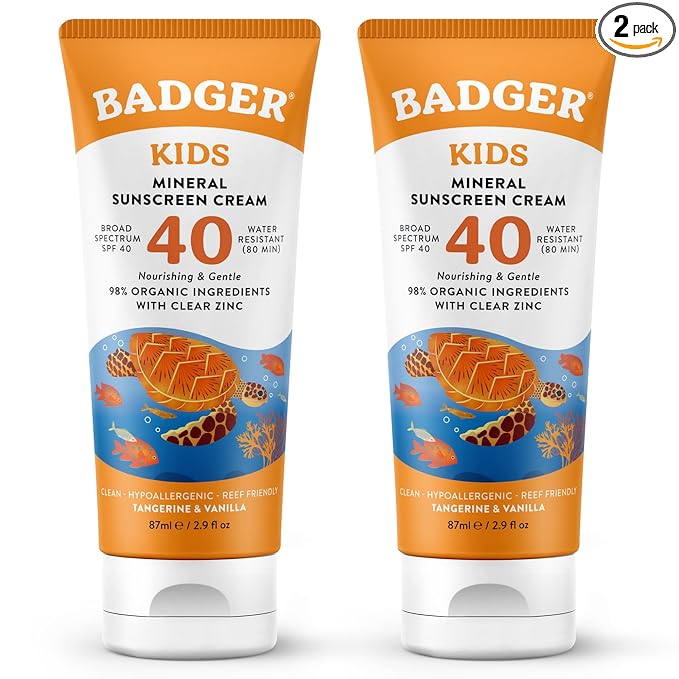 Badger Kids Mineral Sunscreen Cream SPF 40, 98% Organic Ingredients, Zinc Oxide Sunscreen for Kids Face & Body, Water Resistant, Reef Friendly, Hawaii Approved Sunblock, 2.9 fl oz, 2-Pack