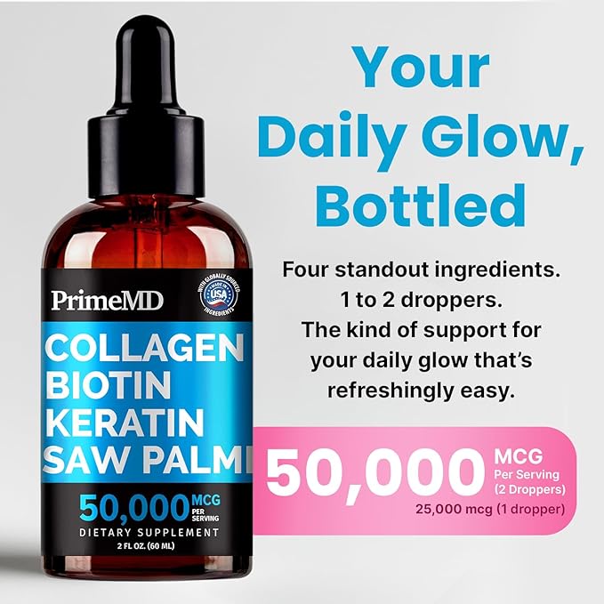 Liquid Collagen Peptides for Women - Serum Complex with Biotin Vitamin, Hydrolyzed Keratin Protein and Saw Palmetto - Comprehensive Formula for Hair, Skin, and Nails Wellness - 2fl oz (Pack of 4)