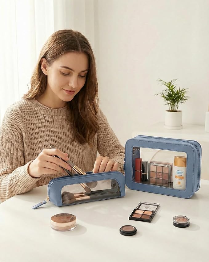 LETGO Clear Makeup Bag Set, Waterproof PU Leather Portable Makeup Bag Holder with Transparent Window, Travel Lipstick Case Pouch Car Organizer and Storage for Cosmetics (2Pack-Standard&Slim, Blue)