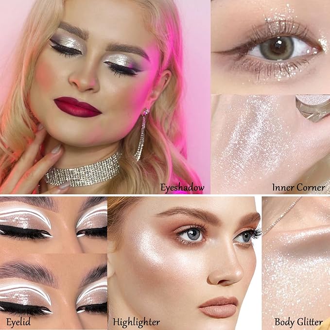 Afflano Sparkle White Glitter Eyeshadow, Single Shimmery White Eyeshadow Palette, Small Bling Eye Shadow Face Highlighter for Girl Women Daily Eye Look, 24H