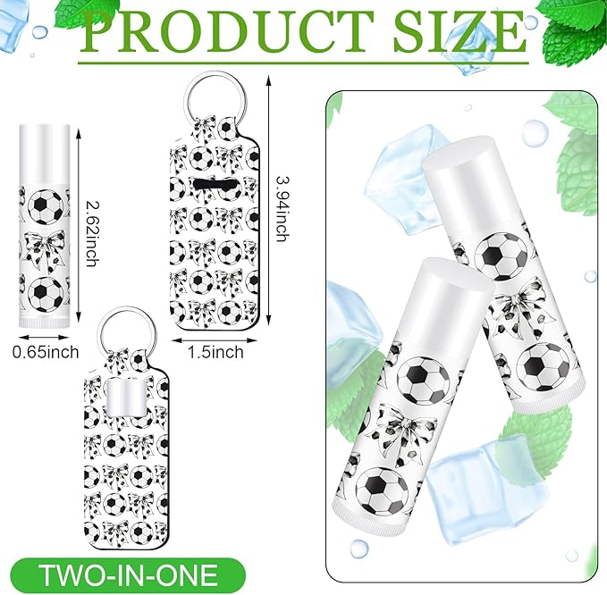 18 Sets Soccer Bow Party Favors Lip Balm and Lipstick Holder Keychain Bulk Sport Team Soccer Gifts Natural Moisturizing Lip Balm Keychains Pouch for Team Sports Party Supplies(White)