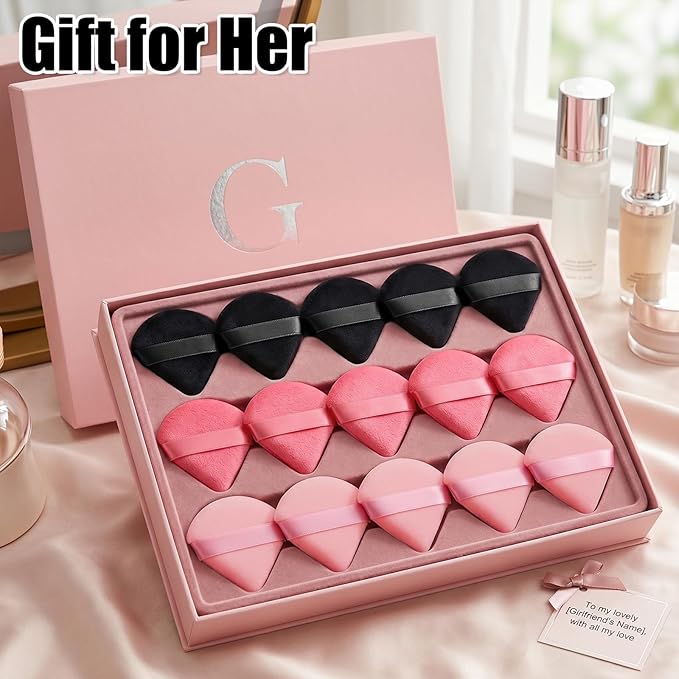Pimoys 15 Pcs Triangle Powder Puff Pink Velour Makeup Puff, Dry Use for Foundation on Cheeks Forehead Eyes and T-Zone, Reusable for Home Travel and Pro Use
