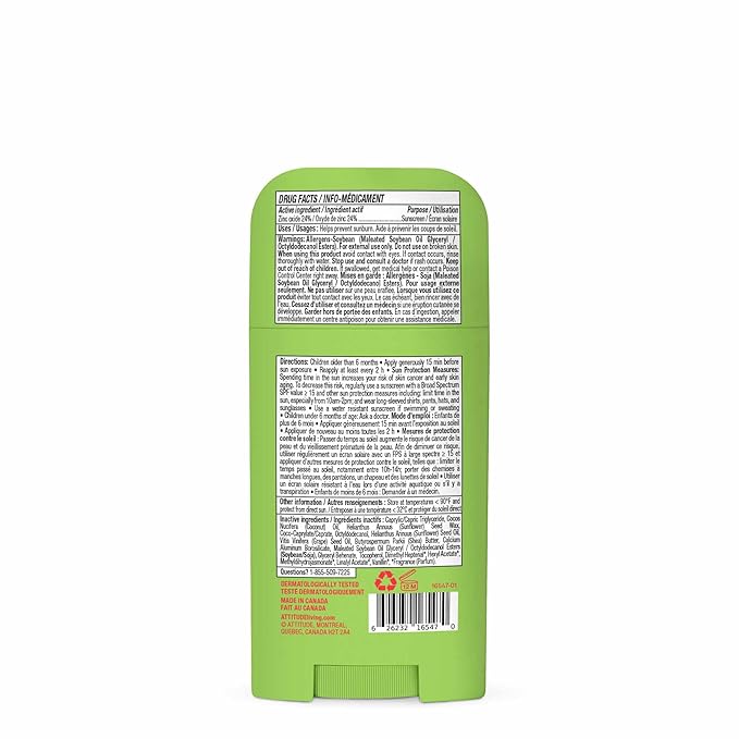 ATTITUDE Kids Mineral Sunscreen Stick SPF 50, Broad Spectrum Zinc Oxide, EWG Verified, Non-Nano, Mess-Free Stick for Face & Body, Lightweight Non-Greasy, Vegan, Watermelon & Coco Scent, 2 Oz