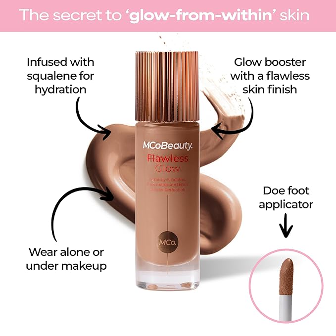 MCoBeauty Flawless Glow Luminous Skin Filter - 7 Warm Honey - 4-in-1 Primer, Highlighter & Foundation Booster - Dewy Illuminating Tint Face Makeup with Squalane Vitamin E - Vegan & Cruelty Free