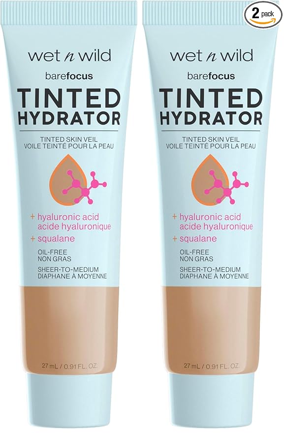 wet n wild Bare Focus Tinted Hydrator Tinted Skin Veil, Lightweight Buildable Coverage with Hyaluronic Acid & Vegan Squalane, Semi-Matte Finish, Cruelty-Free - Medium Tan (Pack of 2)