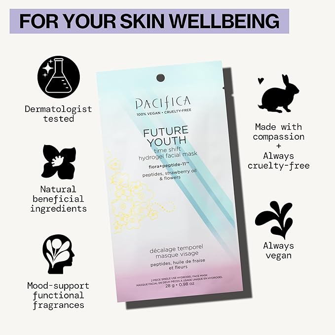 Pacifica Future Youth Time Shift Hydrogel Facial Mask, Multi-Peptide Anti-Aging Sheet Mask for Firming & Plumping, Ultra-Hydrating Serum-Infused Mask for Face & Neck, 100% Vegan
