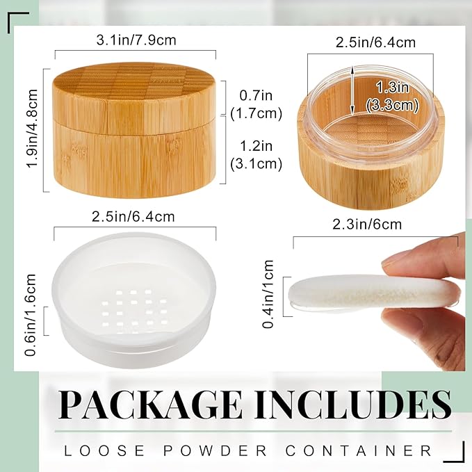 Frienda 50 ml Bamboo Loose Powder Puff and Container Empty Dusting Powder Jar for Body Face Makeup Travel Box Compact Case Holder with Sifter Lids and Puff
