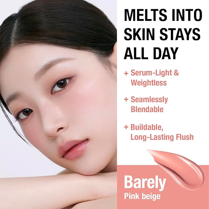 DEAR DAHLIA Petal Drop Liquid Blush (Barely) - Natural Dewy Glow Serum Blush, Buildable & Blendable, Sheer Watercolor Finish, Vegan Korean Makeup for Cheeks, 0.14 oz