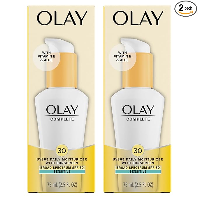 Olay Face Moisturizer, Complete with Sunscreen SPF 30, Fragrance-Free for Sensistive Skin, Broad Spectrum Sun Protection, Long-Lasting Hydration, Non-Comedogenic - Vitamin E & Aloe - 2.5 Oz - 2 Pack