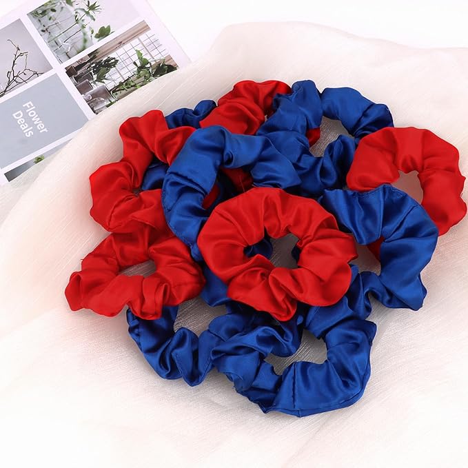 Silk Satin Scrunchies for Women Girls 12 PCS Blue & Red Hair Scrunchies Silk Satin Hair Ties for Thick Hair Bulk Hair Ties Hair Accessories