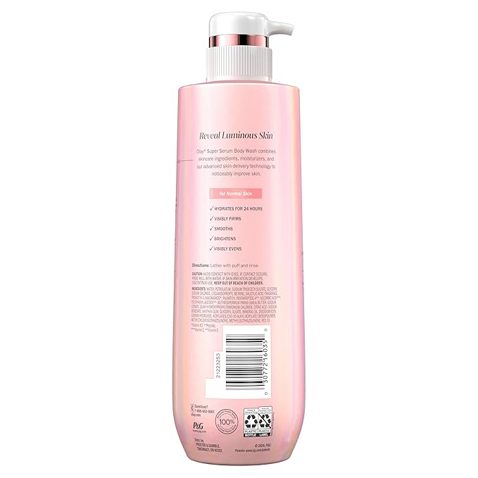 Olay Super Serum Body Wash for Normal Skin, 24hr Long Lasting Hydration, 5+ Ingredient Serum Complex for Bright Even Firm Luminous Skin, 18.5 fl oz (Pack of 4)
