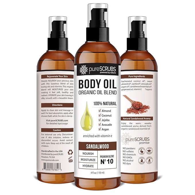 pureSCRUBS Ultra Moisturizing Sandalwood Body Oil Spray for Dry Skin, Massage, Cuticles & More, Organic Blend of Jojoba, Argan, Coconut, Sweet Almond & Avocado Oils Enriched with Vitamin E, Lg 4oz