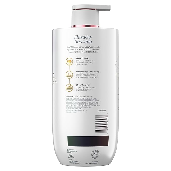 Olay Body Wash for Women, Elasticity Boosting, Collagen Peptide Serum Complex, Renews Moisture, Free of Parabens & Phthalates, Vitamin B3 Lameller Technology, For All Skin Types, 28 fl oz