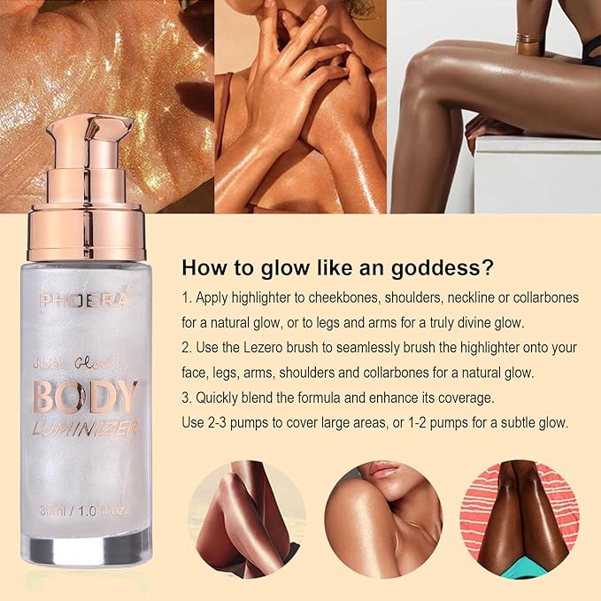 Body Shimmer Oil, Diamond Platinum Natural Glow Luminizer, Long Lasting Moisturizing Liquid Illuminator Highlighter Makeup for a Sun-Kissed Glow, Brush Include, 1oz, Light Fair