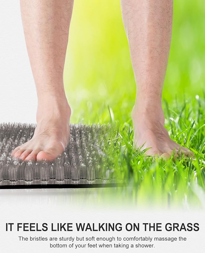 OTHWAY Non Slip Grassy Bathtub Mat : 25.6X13.4 inches Sturdy But Soft Bath Mat_Quick Drain Shower Floor Mat with Soft Bristles for Scrubbing Feet (Dark Grey)