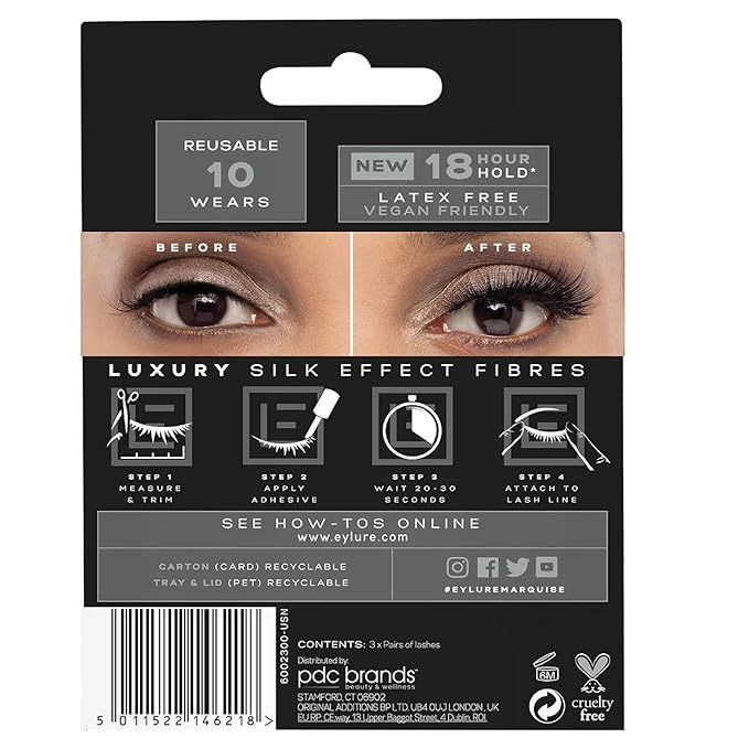 Eylure False Lashes, Luxe Silk Marquise with Adhesive Included, 3 Pair