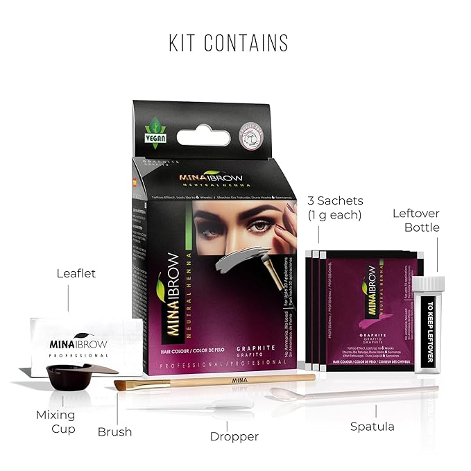 MINA iBrow Henna Hair Color Professional Tint Kit with Brush Combo Pack | Covers Gray Hair-Lasts up to 6 weeks | No Ammonia No Lead | Vegan & Cruelty Free | up to 30 Applications (Graphite)
