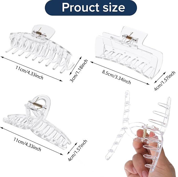3 Pcs Clear Hair Clips For Women, Non-Slip Claw Clips, Transparent Large Claw Clips For Thick Hair Curly Hairstyle, Suitable For All Kinds Of Hairstyle Decoration