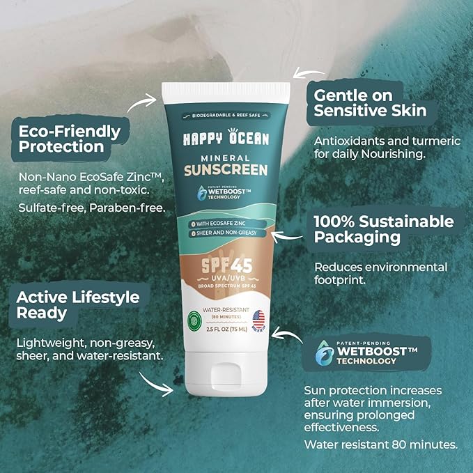 Happy Ocean Reef Safe Sunscreen SPF 45 – Biodegradable Zinc Oxide, Wet Boost Technology, Water Resistant 80 Min, Travel Size 2.5 oz