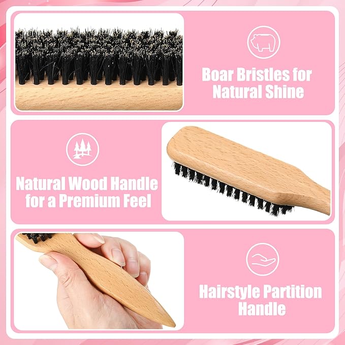 6 Pcs Boar Bristle Slick Back Hair Brush with Pink Edge Brush, Rat Tail Comb and Wide Tooth Comb for Women Men