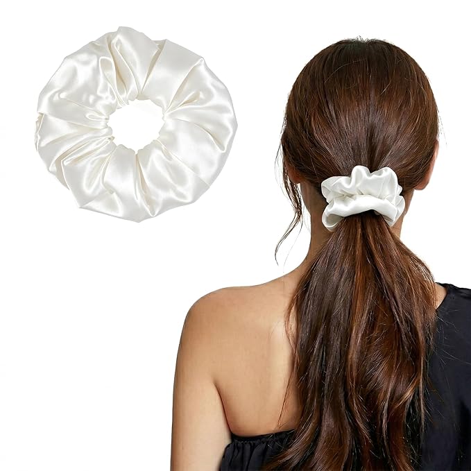 ZLYC 100% Mulberry Silk Hair Tie Scrunchie 19 Momme Gentle Creaseless Dent-Free Ponytail Holder for Women, 6cm Solid White
