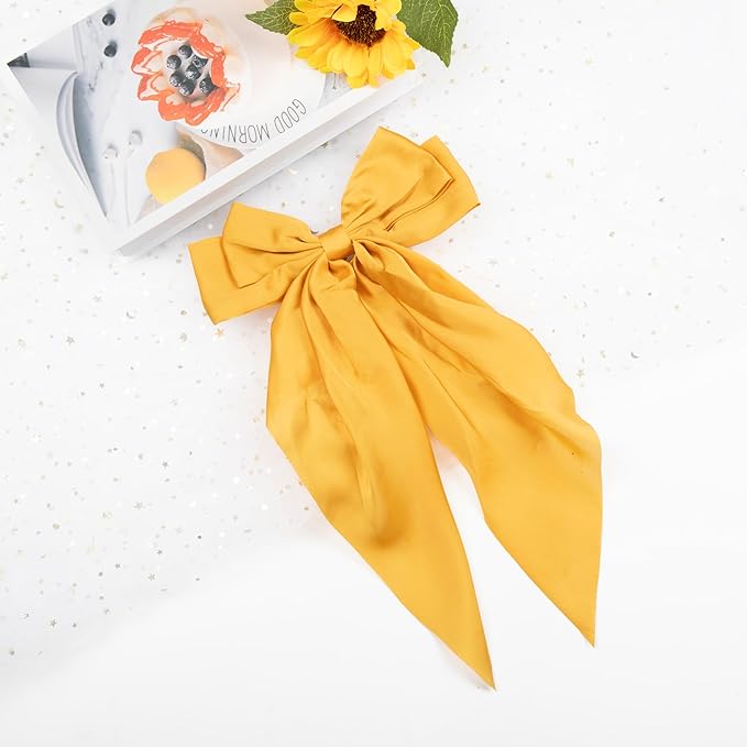Silky Satin Oversized Long-tail Bow Clip, Large yellow Hair Bow for Women Girl, Hair Accessories with Long Tail, 1Pcs