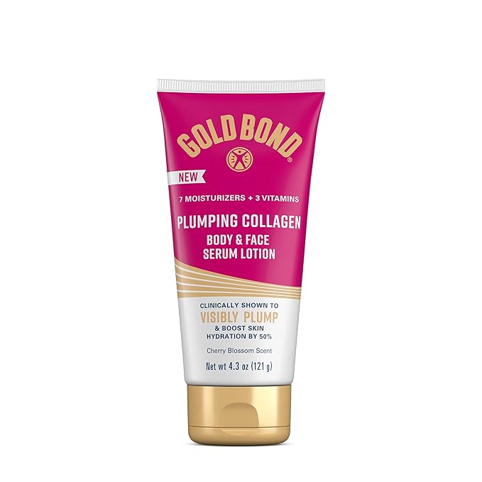 Gold Bond Plumping Collagen Body and Face Serum Lotion, Lightweight Hydrating Moisturizer with Collagen Peptide Complex, Jojoba and Grapeseed Oils to Visibly Plump Skin, Cherry Blossom Scent, 4.3 oz