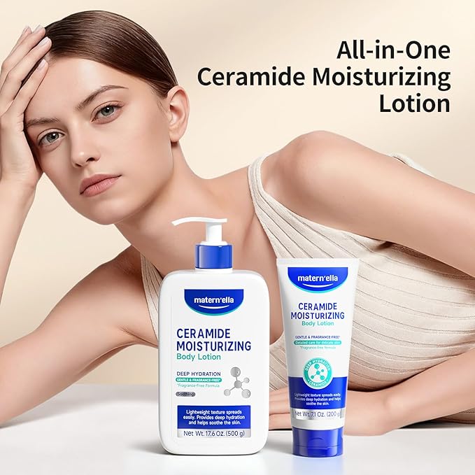 matern'ella Ceramide Body Lotion for Dry & Sensitive Skin - Daily Moisturizer with Niacinamide & 4 Ceramides (NG, AP, NP, EOP) 48H Hydration, Fragrance Free, Paraben Free, Non-Greasy 17.6 Oz