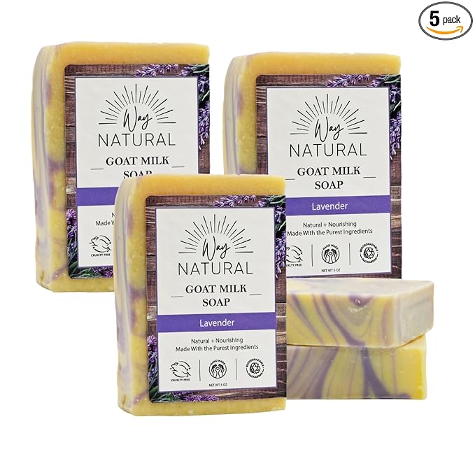 Goat Milk Soap Bar (Bulk, 5 Pack) - French Lavender Soap for Men & Women - Natural, Handmade w/Real Milk - Dry Skin, Hands/Body - Gentle, No Dyes - (Large, 5oz)
