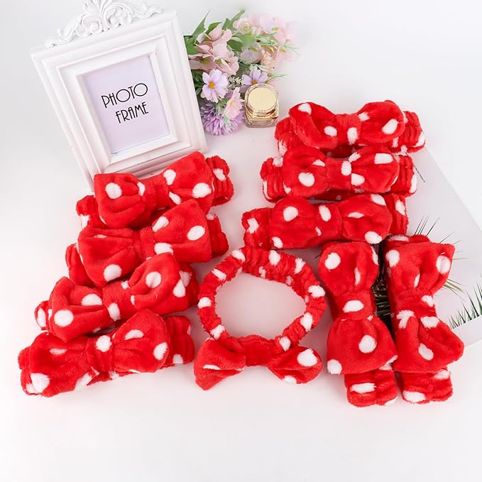 Casoty 10 Pcs Red Dot Makeup Headbands, Spa Gifts for Women Girls, Soft Coral Fleece Skincare Headband, Bow Hair Bands, Beauty Headbands for Face Washing Shower Skin Care Yoga