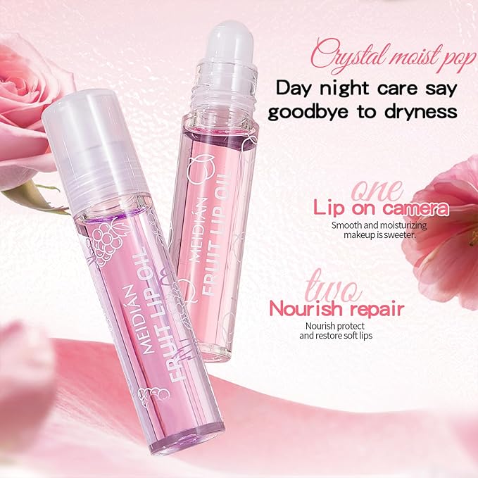 ADMD 4-Pack Lip Gloss Set Fruit Flavored Rollerball Lip Oil Set - Hydrating, Nourishing & Plumping - Strawberry, Peach, Grape, Cherry