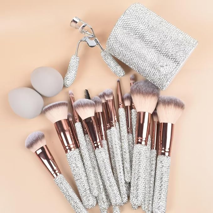 Stlalsa-Professional Makeup Brush Set, 23 Pieces, Pink and White Synthetic Brushes with Diamond Handle, for Powder, Contour, Eyeshadow Application (plata)