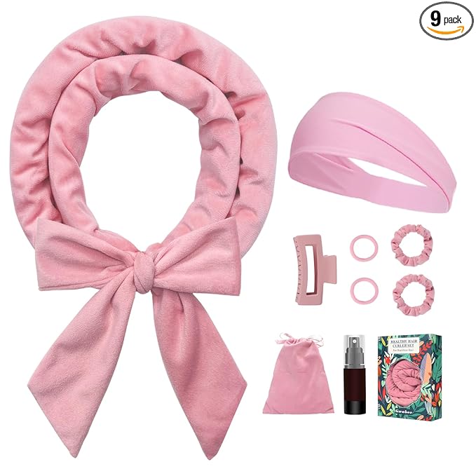 Gwabee Soft Overnight Curl Headband, 70" Hair Curlers Ribbon Wrap for Long Hair with 9 PCS Rods and Yoga Strap - Pink