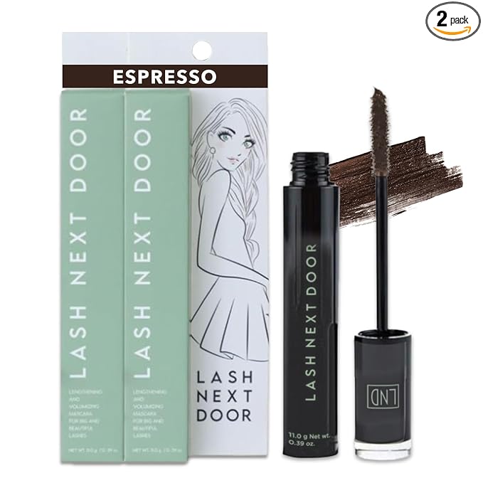 Lash Next Door Espresso Brown Volumizing Mascara, Lengthening No-Clump Formula, Smudge-Proof Makeup for Eyes, 2 Pack, 0.39 oz Each