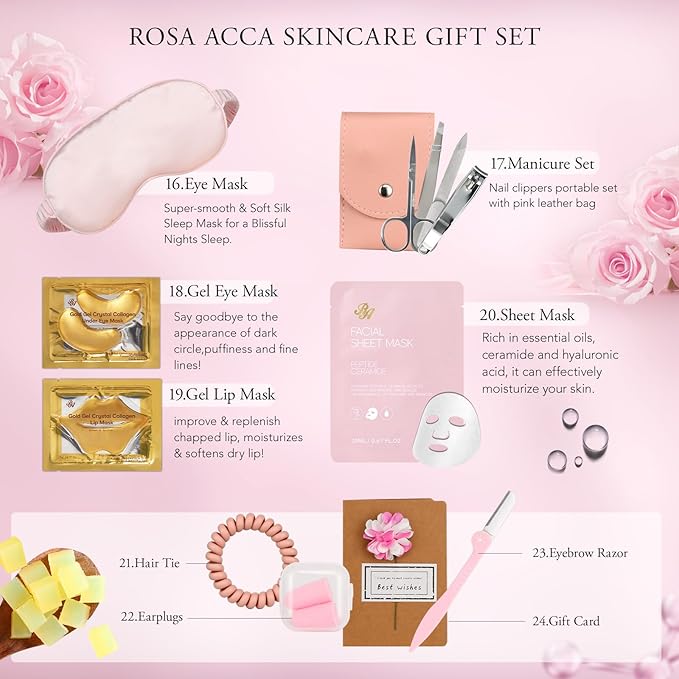 30pcs Mothers Day Gift, Rose Facial Skin Care Set for Women, Gifts for Women, Spa Gifts Basket Set, Face Cream, Serum, Shower Accessories, Bath and Body & Facial Kit, Birthday, Christmas, Valentine's