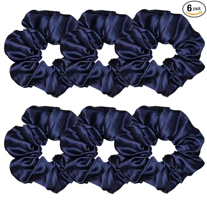 6 Pcs Satin Silk Scrunchies - Soft Hair Ties, Fashion Bands, Bows, Ropes, Elastic Bracelets, Ponytail Holders for Women and Girls (4.5 Inch, Navy Blue)