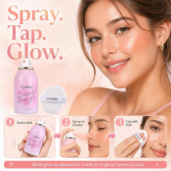 UCANBE Blush Spray with Puff, Hydrating Liquid Blush Mist for Cheeks - Soft Pigmented Buildable Blendable Breathable Blush, Healthy Dewy Glow Finish, Talc-Free, 04 Golden Melon (1.16 oz)